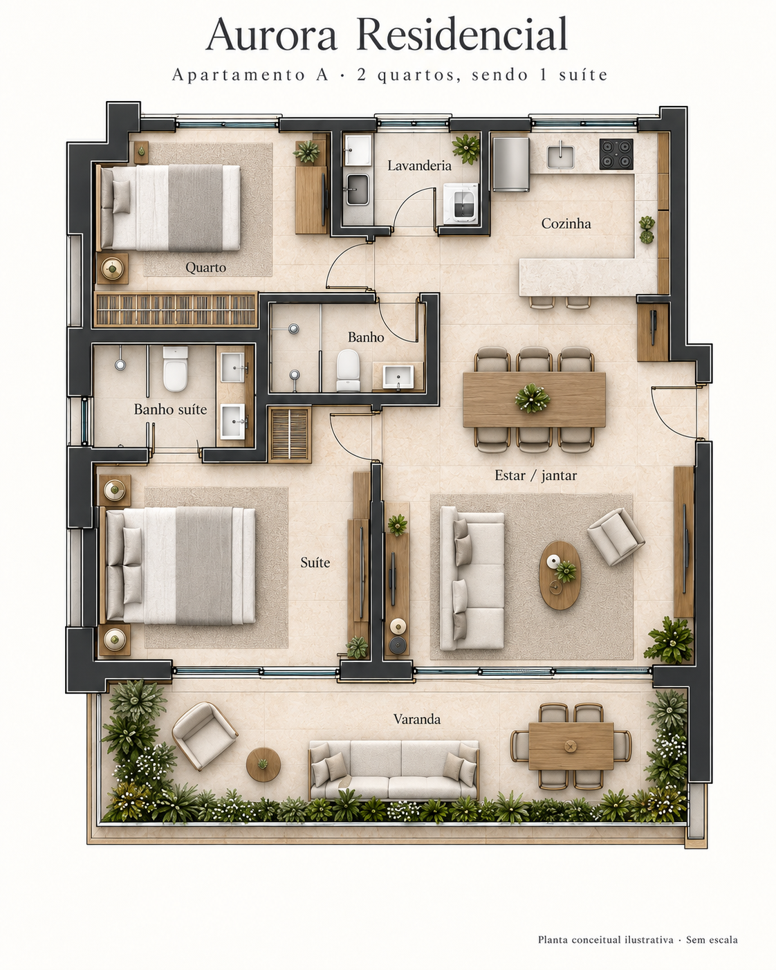 Planta ilustrativa do apartamento A com dois quartos, uma suíte e varanda