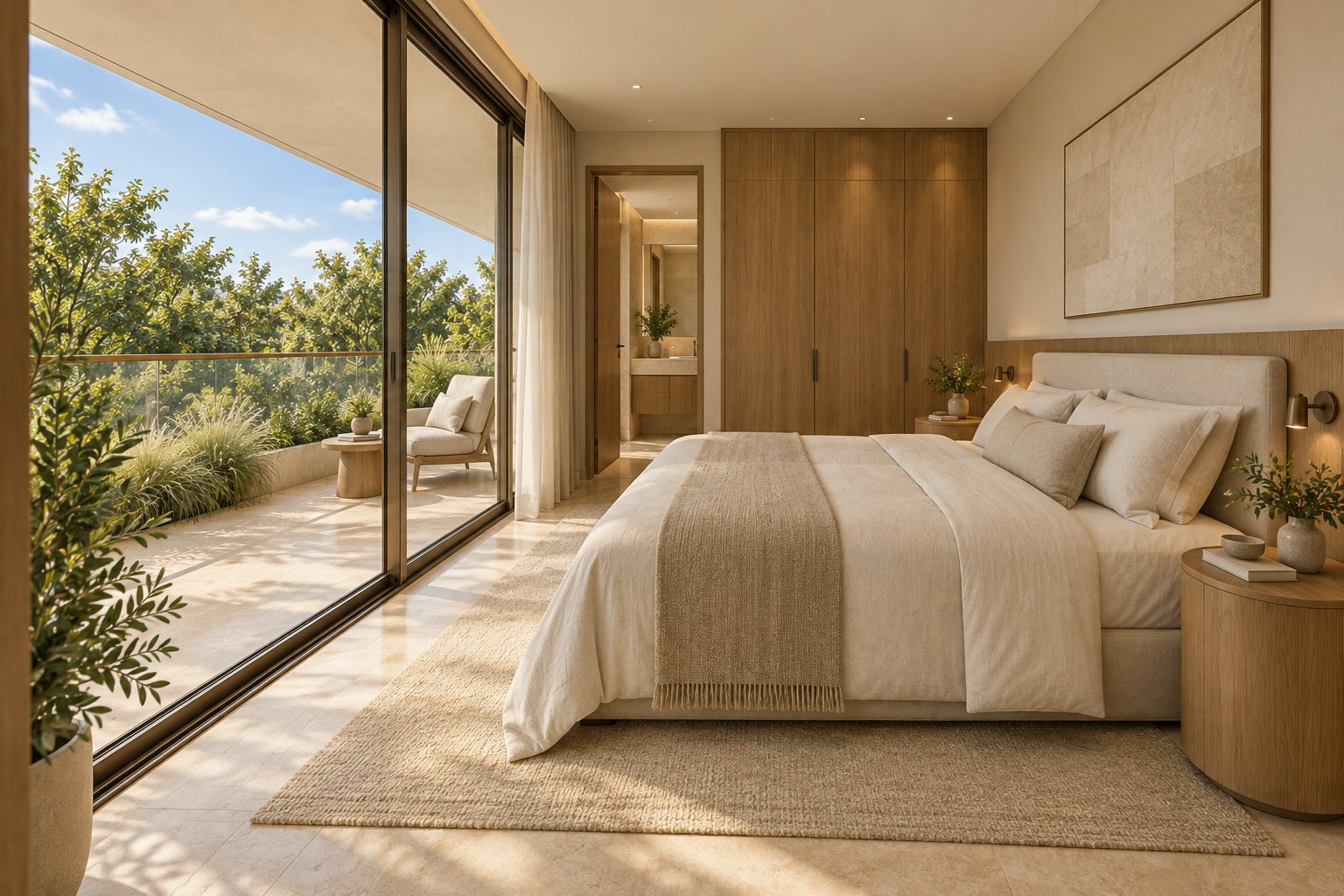 Suíte com cama de casal e acesso à varanda
